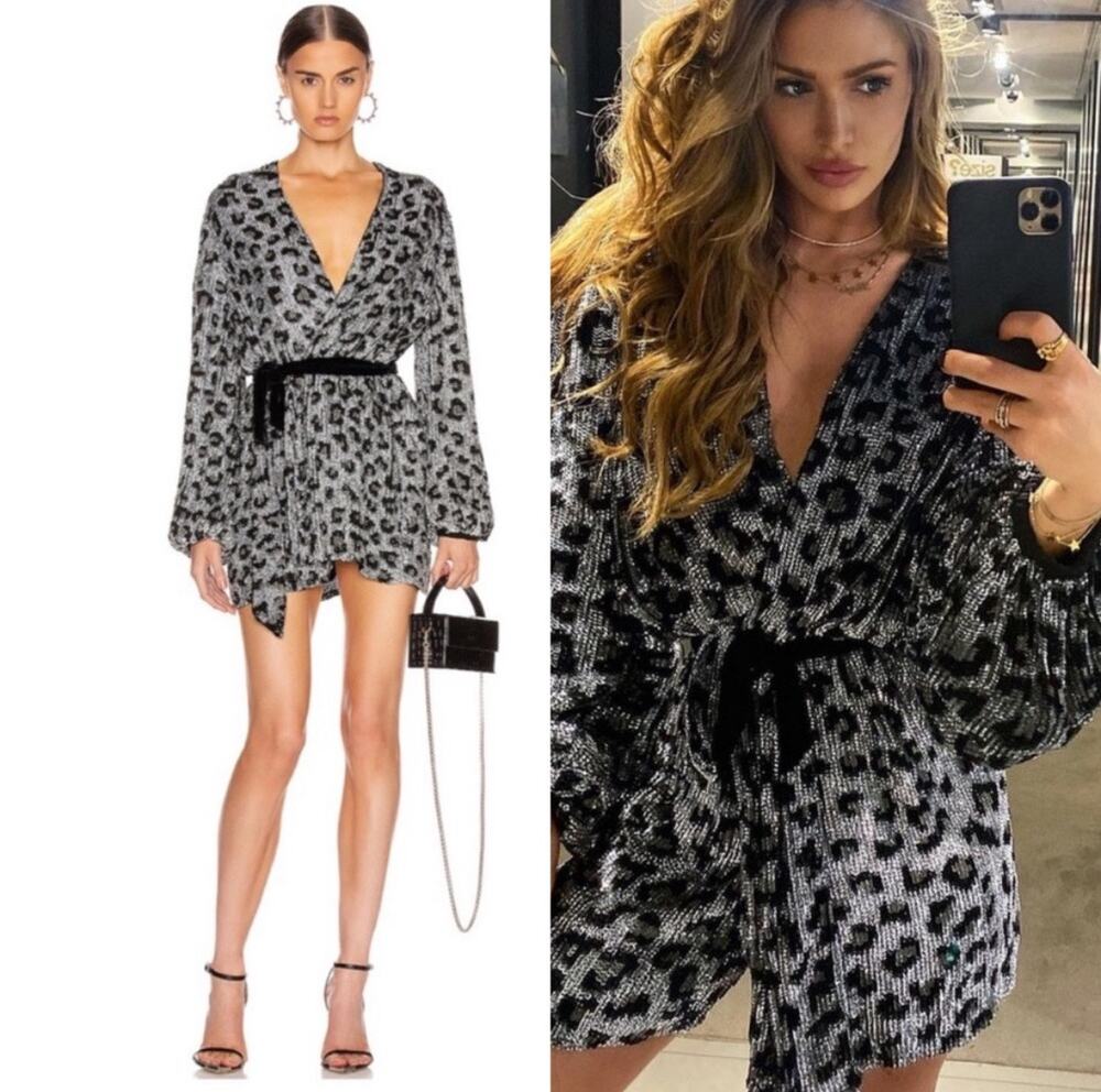Retrofete NWT Gabrielle Silver Leopard Print Sequined Mini Dress XS